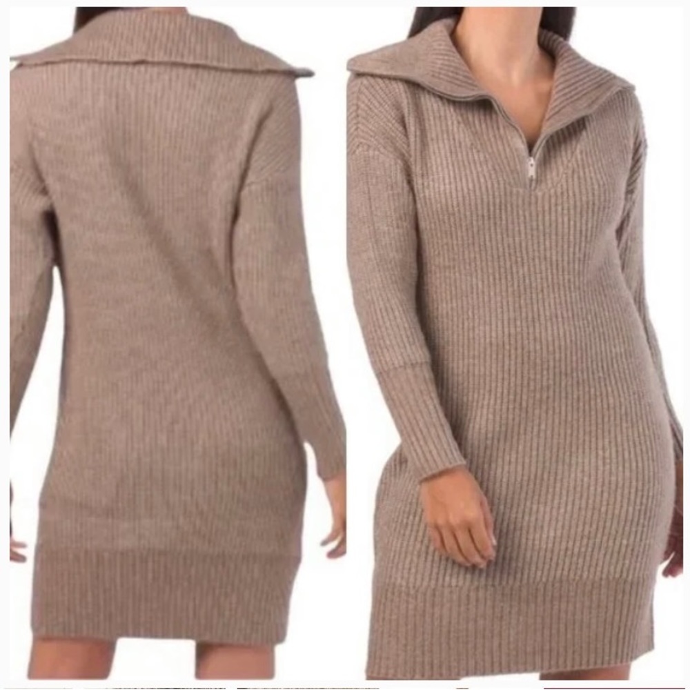 Cupcakes & Cashmere Cozy Tan Ribbed Notch Zip Collar Sweater Dress Size L